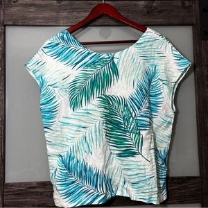 Tahari 100% Linen Boxy Blue and Green Leaf Print Blouse Button Up Back Women's L